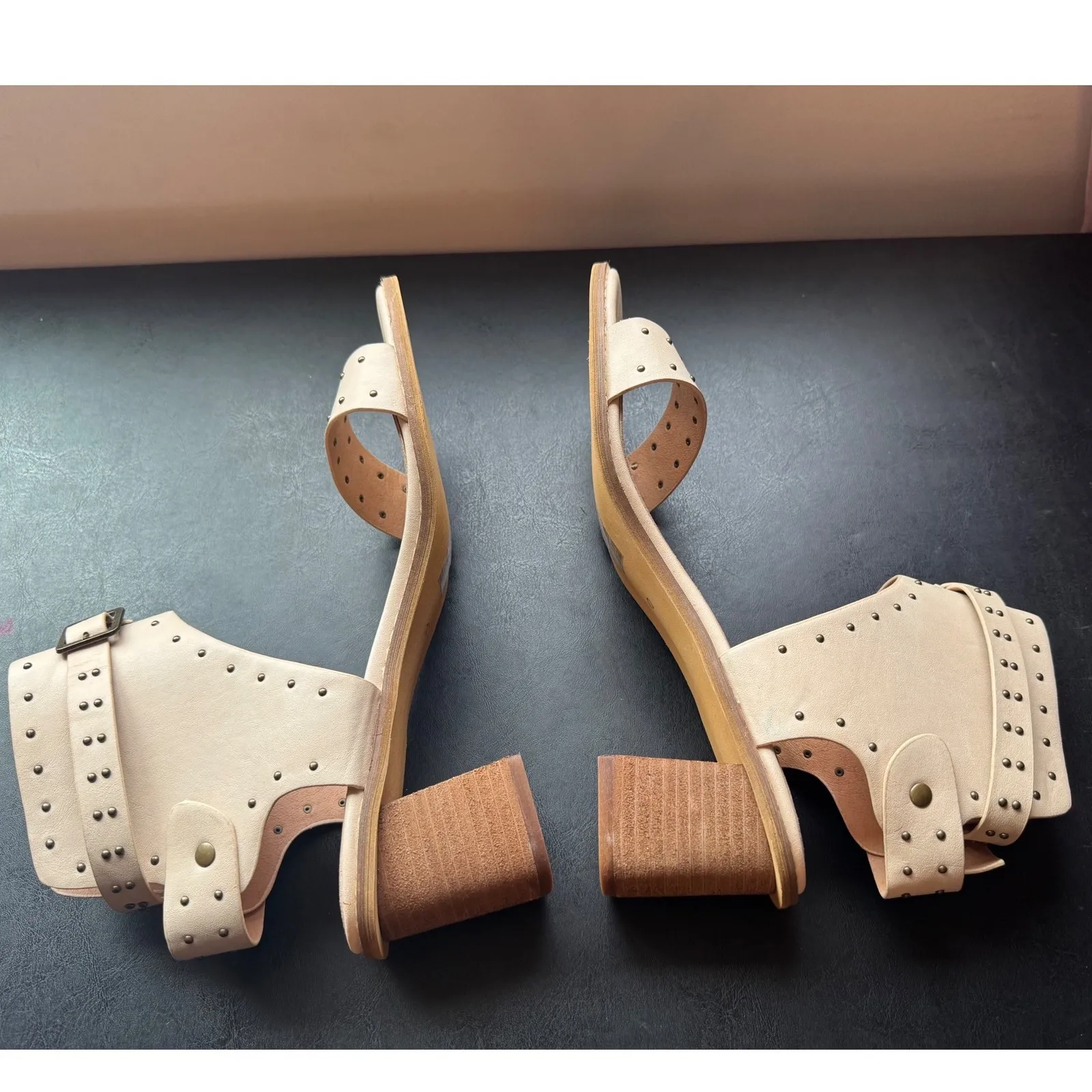 BOHME sz 10 Women Cream/Tan Leather Studded Strappy Heel Sandals Bootie Open Toe - Image 8