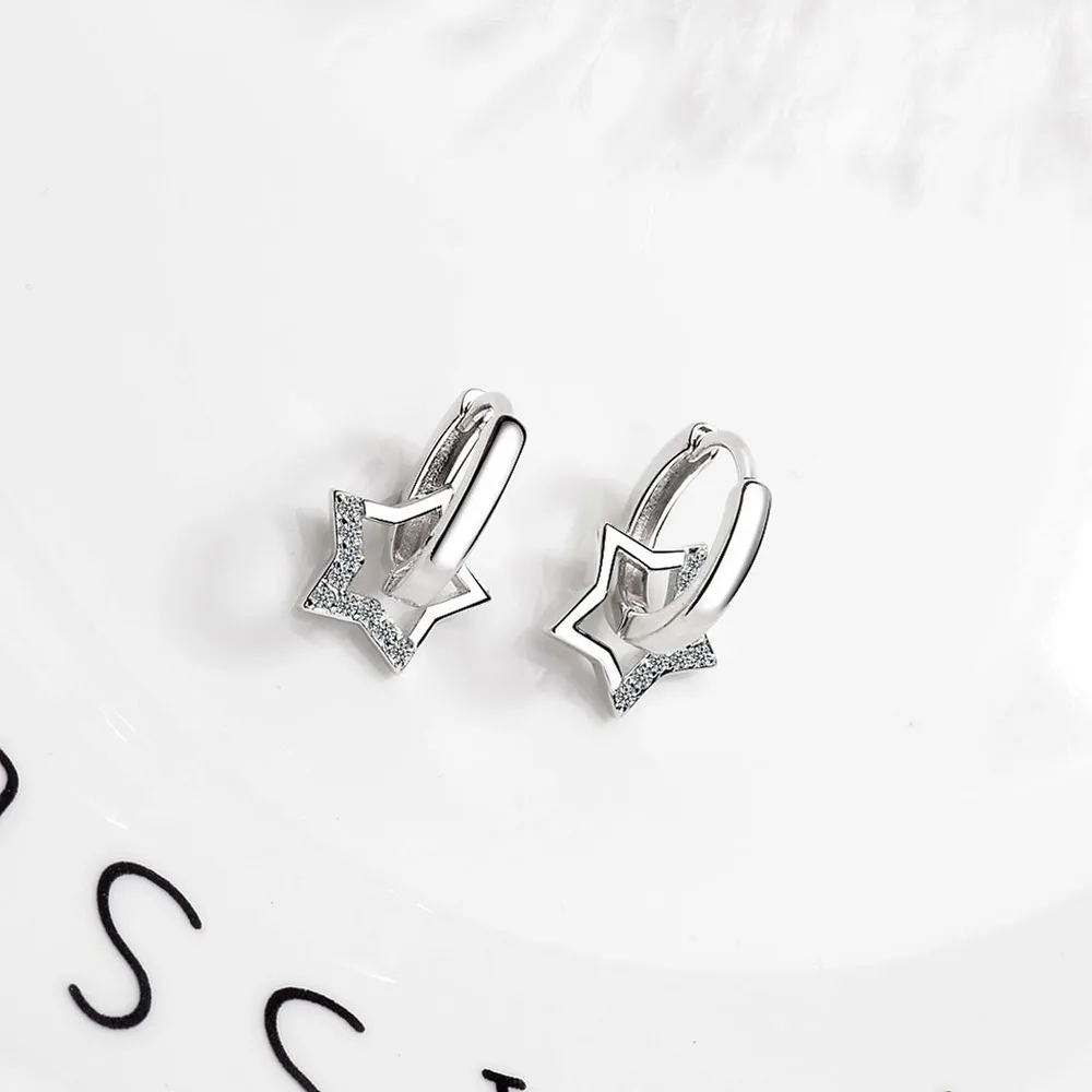 NEW Women's‎ 2 Piece Platinum Plated S925 Starry Diamond Simulant Hoop Earrings - Image 9