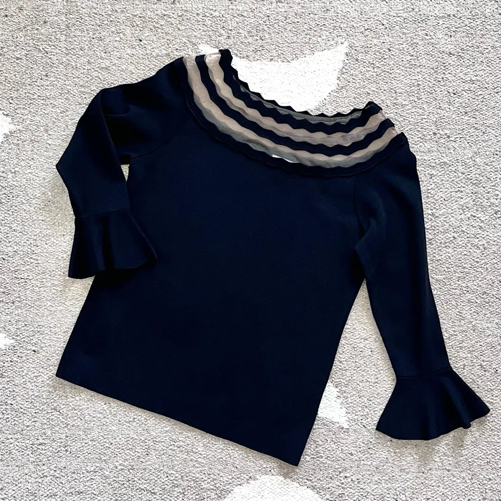 Lucy Paris Zigzag Mesh Boatneck 3/4 Sleeves Wendy Sweater in Black Medium - Image 3