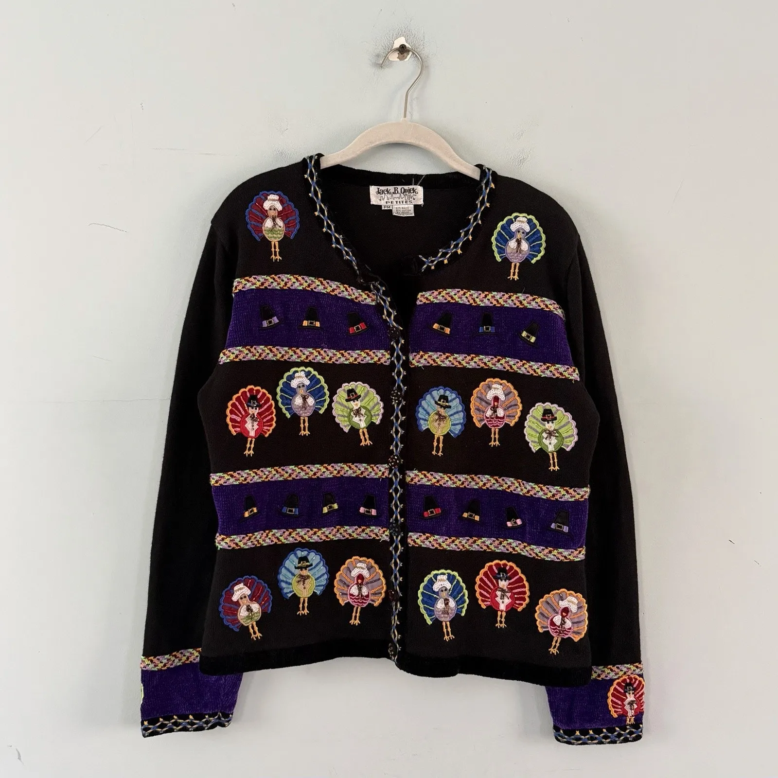 Vintage Jack B Quick Thanksgiving Beaded Turkey Retro Cardigan Sweater Black Size undefined - Image 2