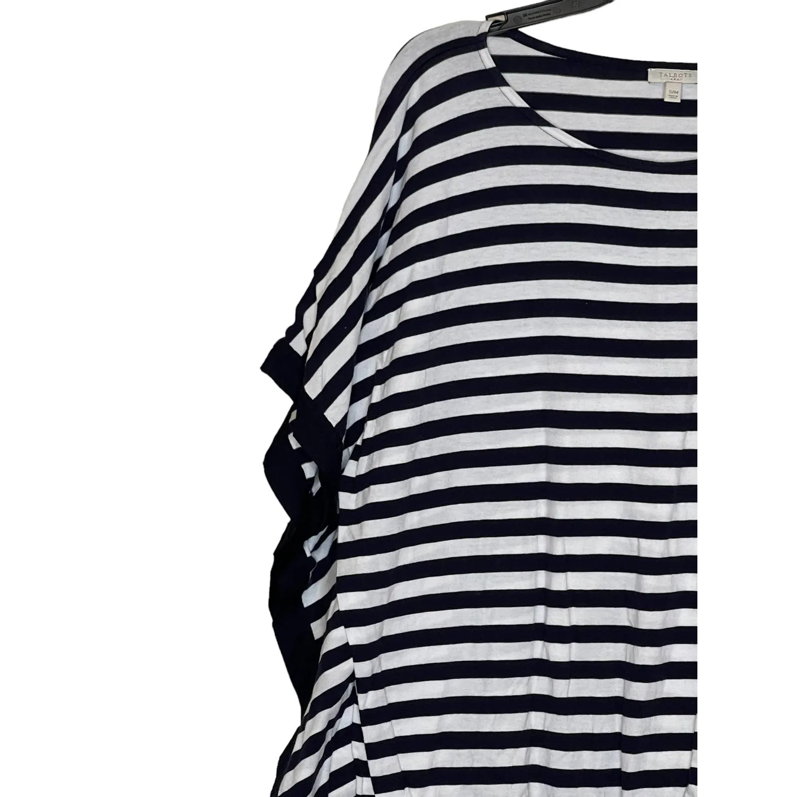 Talbots Women's Top Poncho Coverup Striped‎ Cotton Tasseled White Black Small - Image 5