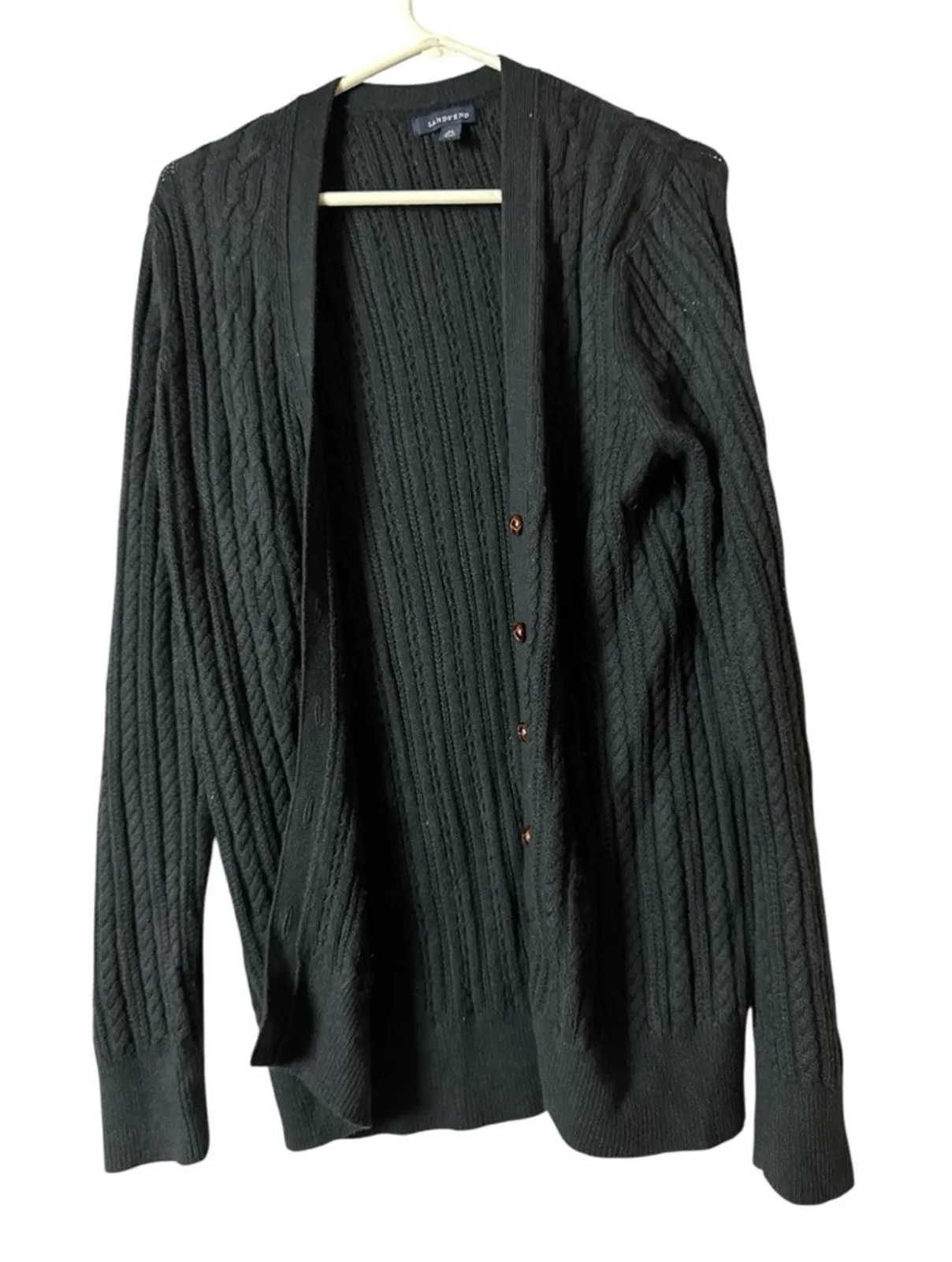 Lands Ends Women’s Cable Knit  Button Front Black Cardigan Sweater Sz M - Image 1