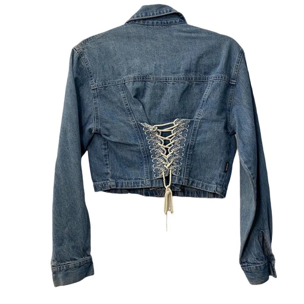 Vintage cropped Jean Jacket embroidered lace • SWITCH • cropped jacket • denim Size L - Image 11