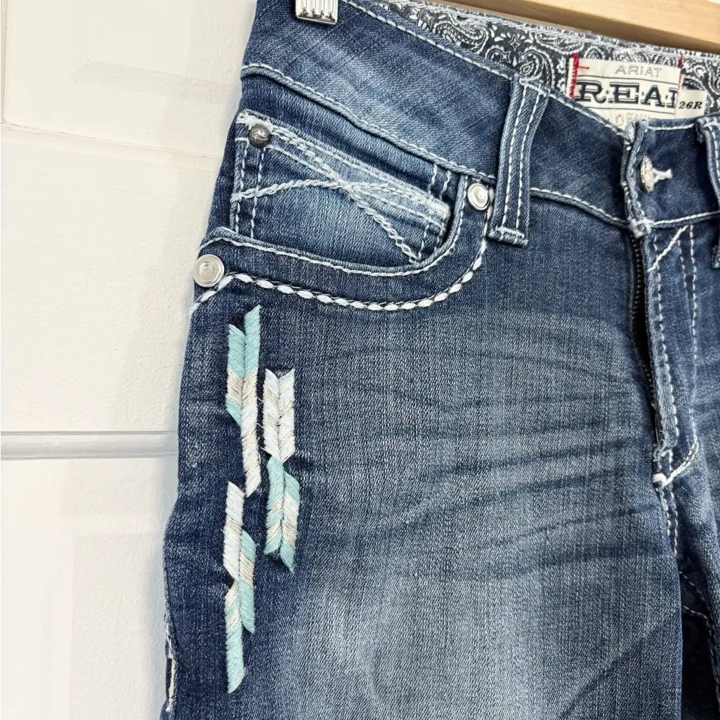 Ariat Real Denim Bermuda Shorts Mid-rise Stretch Western Feathers Aztec Cowgirl - Image 2