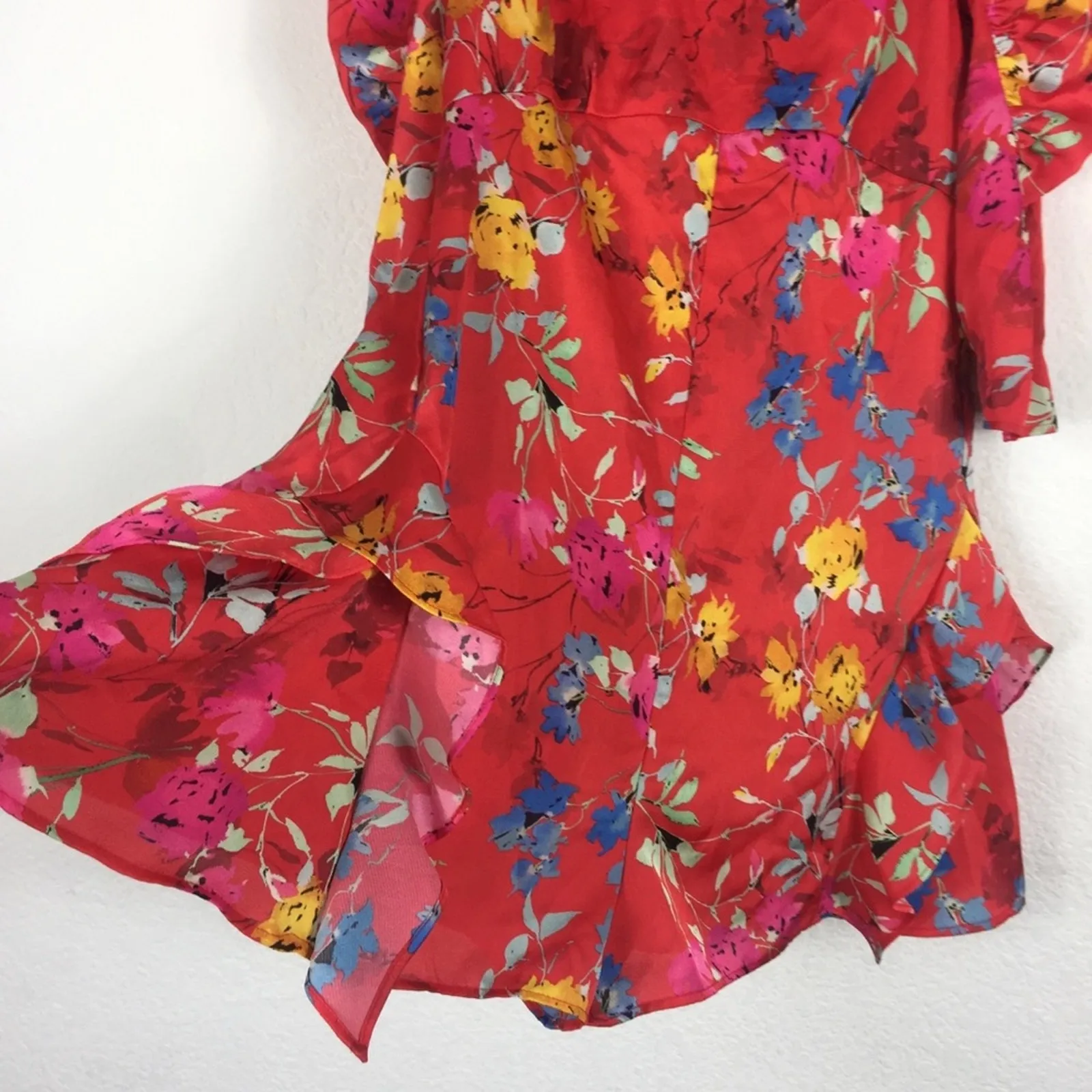 NWT Zara Satin Romper Small Red Japanese Floral Ruffle Puff Sleeve Ruched - Image 11