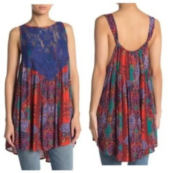 Free People Boho Printed Tunic Tank Top, NWT $88 Retail, Hot Red Combo, Size XS - Image 3