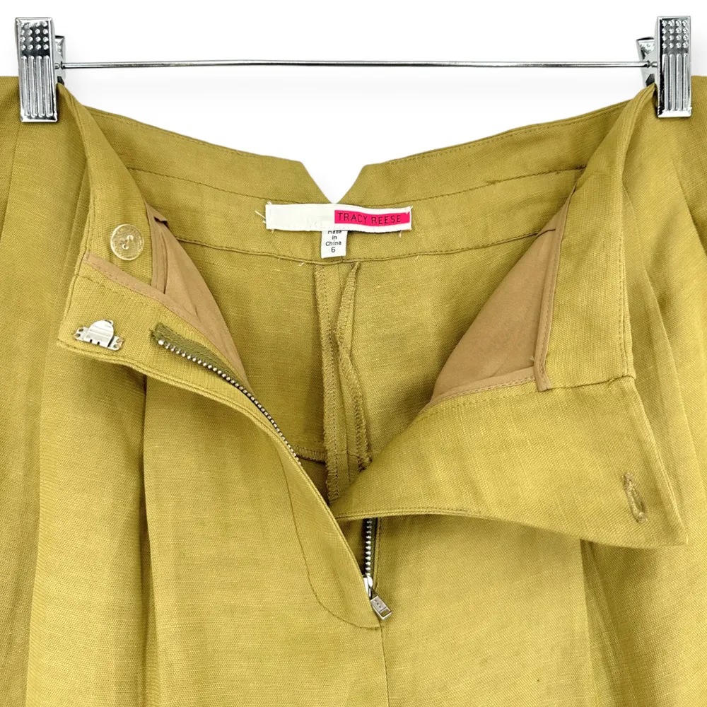 Tracy Reese | Size 6 | Linen Blend Pea Green Notched Tie-Waist Pleated Crop Pant - Image 2