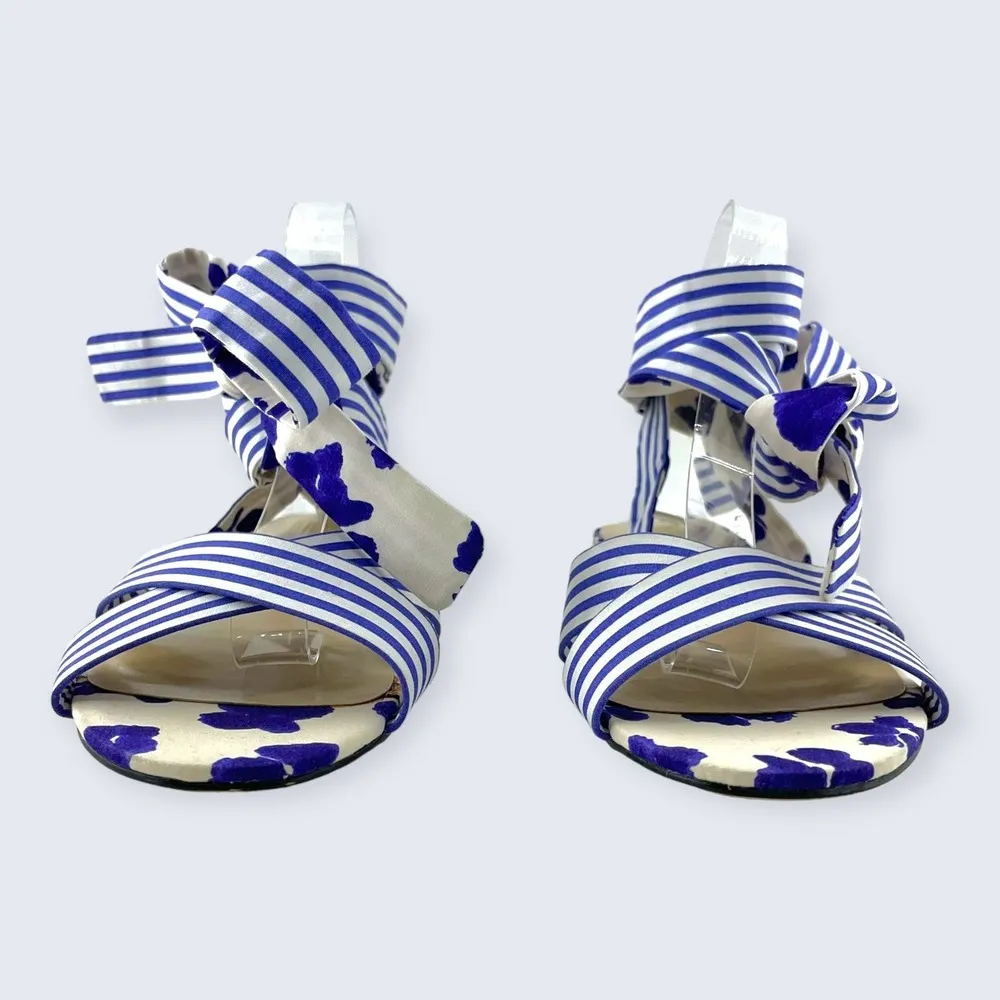Tied Up Watercolor Blue Floral Striped Cotton Ankle Wrap Sandal 6013 8 NWOB - Image 3