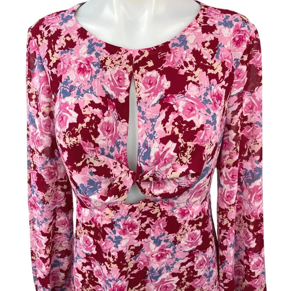 Lush Pink Red Multicolor Floral Twist Cutout Long Sleeve Midi Maxi Dress Size XL - Image 4