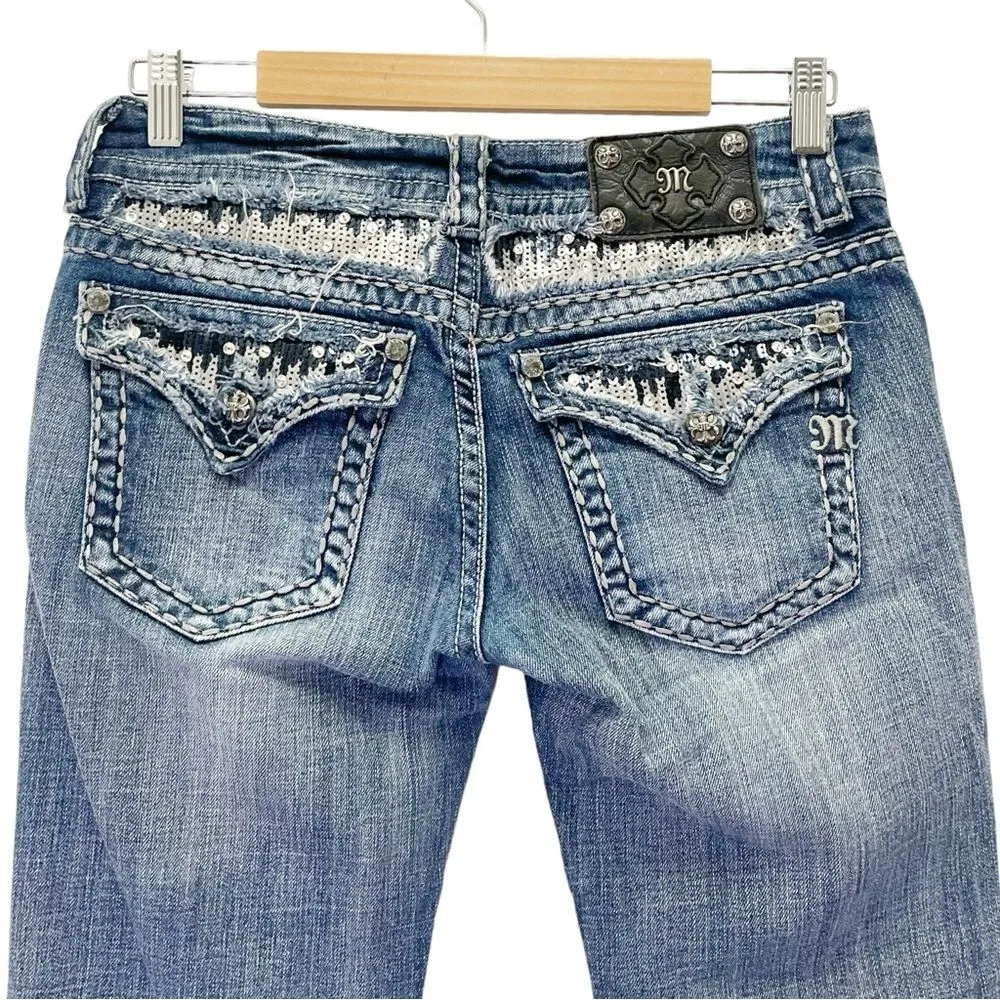 Miss Me Capri Jeans Cropped Straight Leg Medium Wash Sequin Flap Jeans Size 29 - Image 5