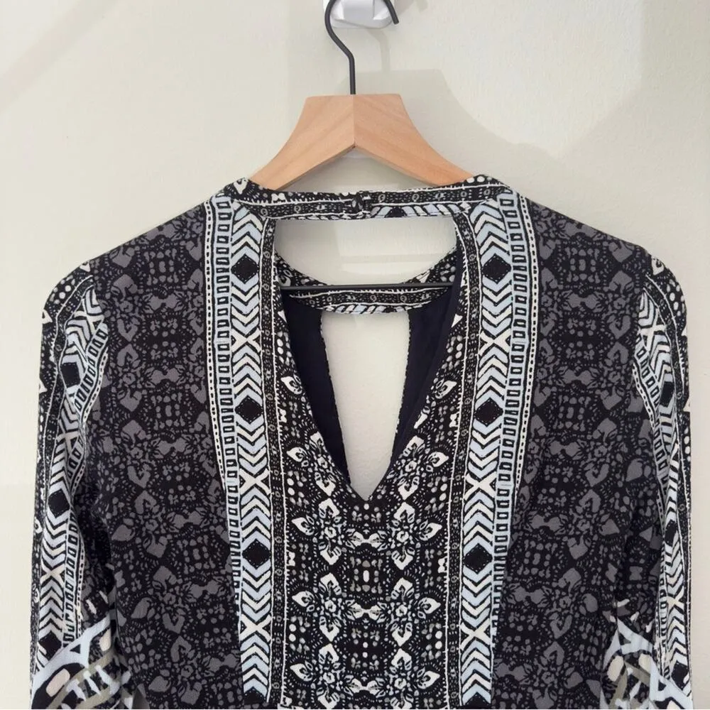 Free People Tegan Border Print Mini Dress Long Bell Sleeves Cutout V-Neck A-Line - Image 9