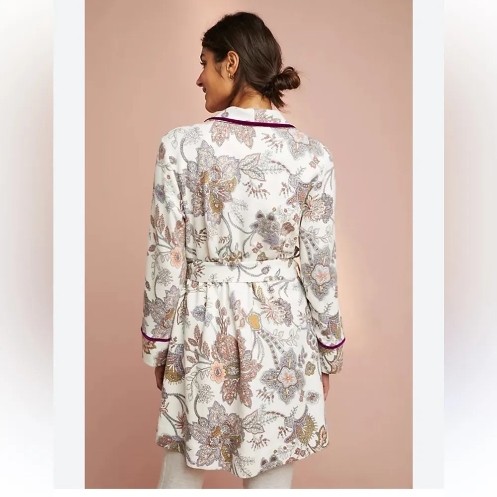 ANTHROPOLOGIE Floreat Brushed Fleece Robe Women’s Size XS/S Cream Paisley Floral - Image 3