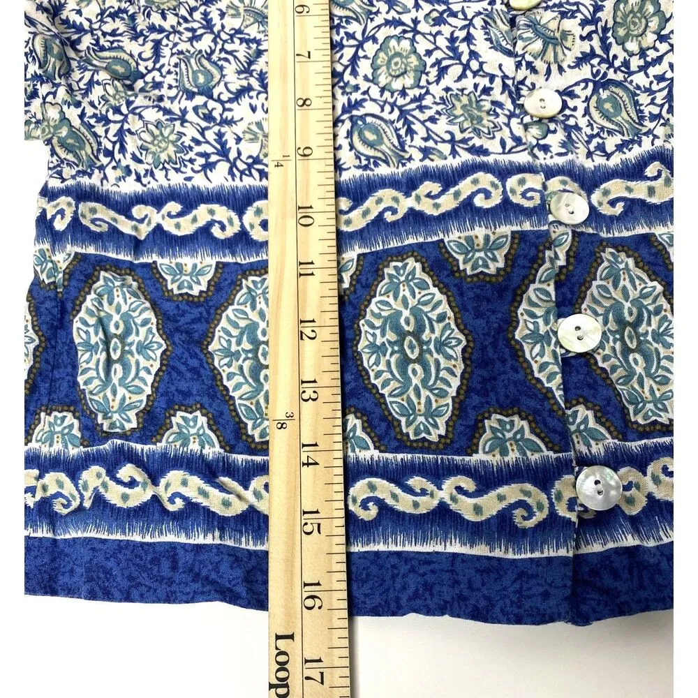 Vintage Ms Choice Floral Cropped Shoulder Pad Button Down 90s Rayon Shirt USA 8 Blue - Image 7