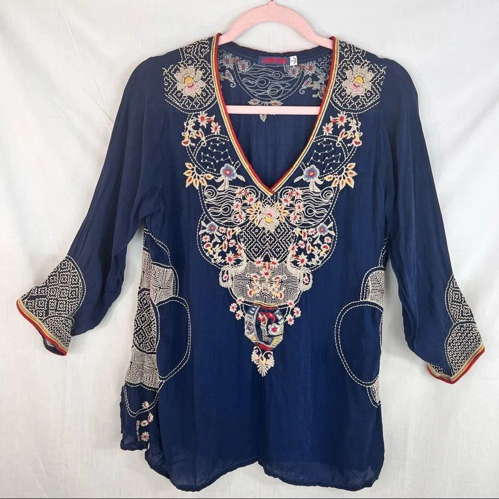 Johnny Was Peyton Blouse Women's S Colorful Embroidered Blue Rayon Boho V-neck - Image 2