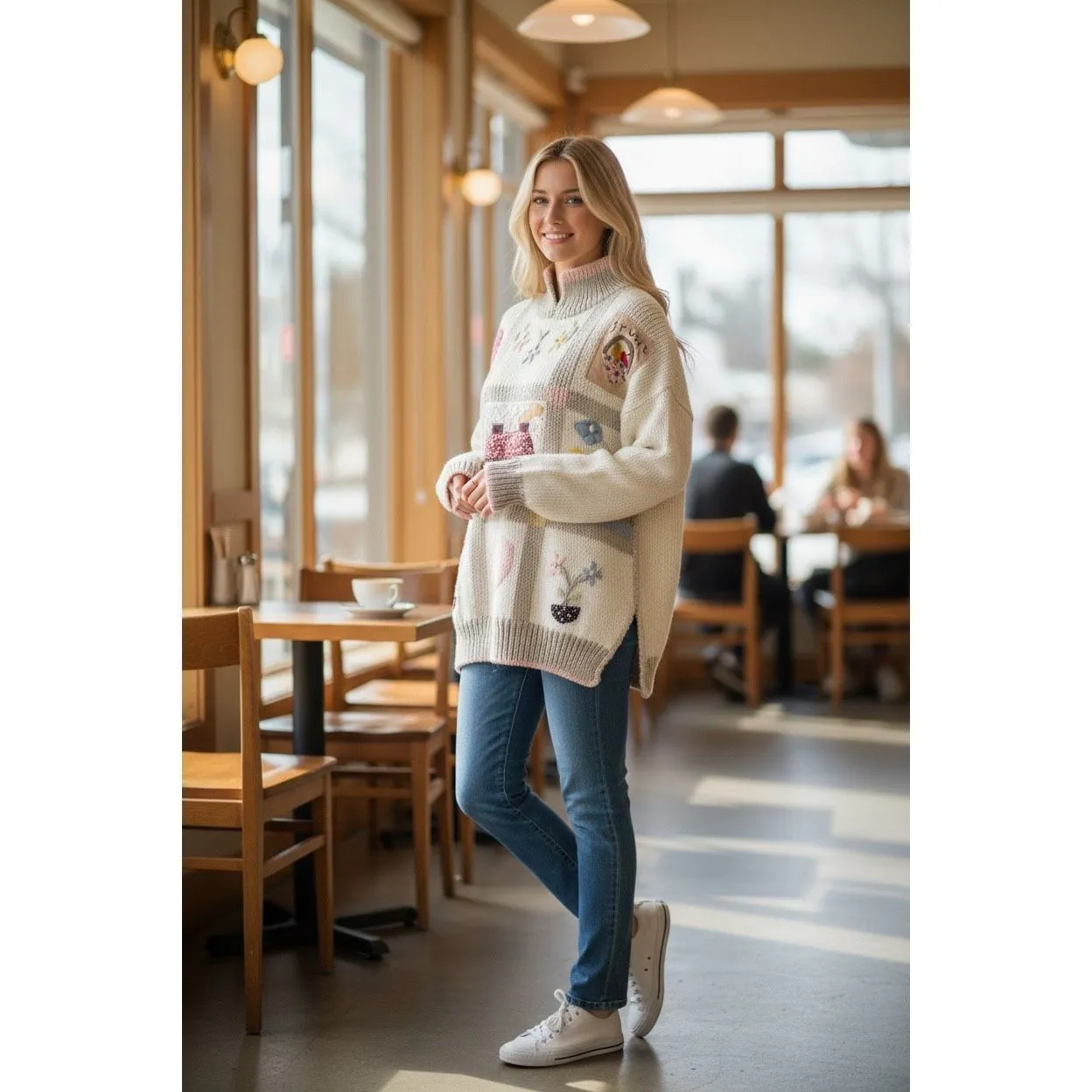 Vintage 90s High Gate Ltd Whimsical Knit Sweater Cottagecore Folk Art Tan Size XL - Image 2