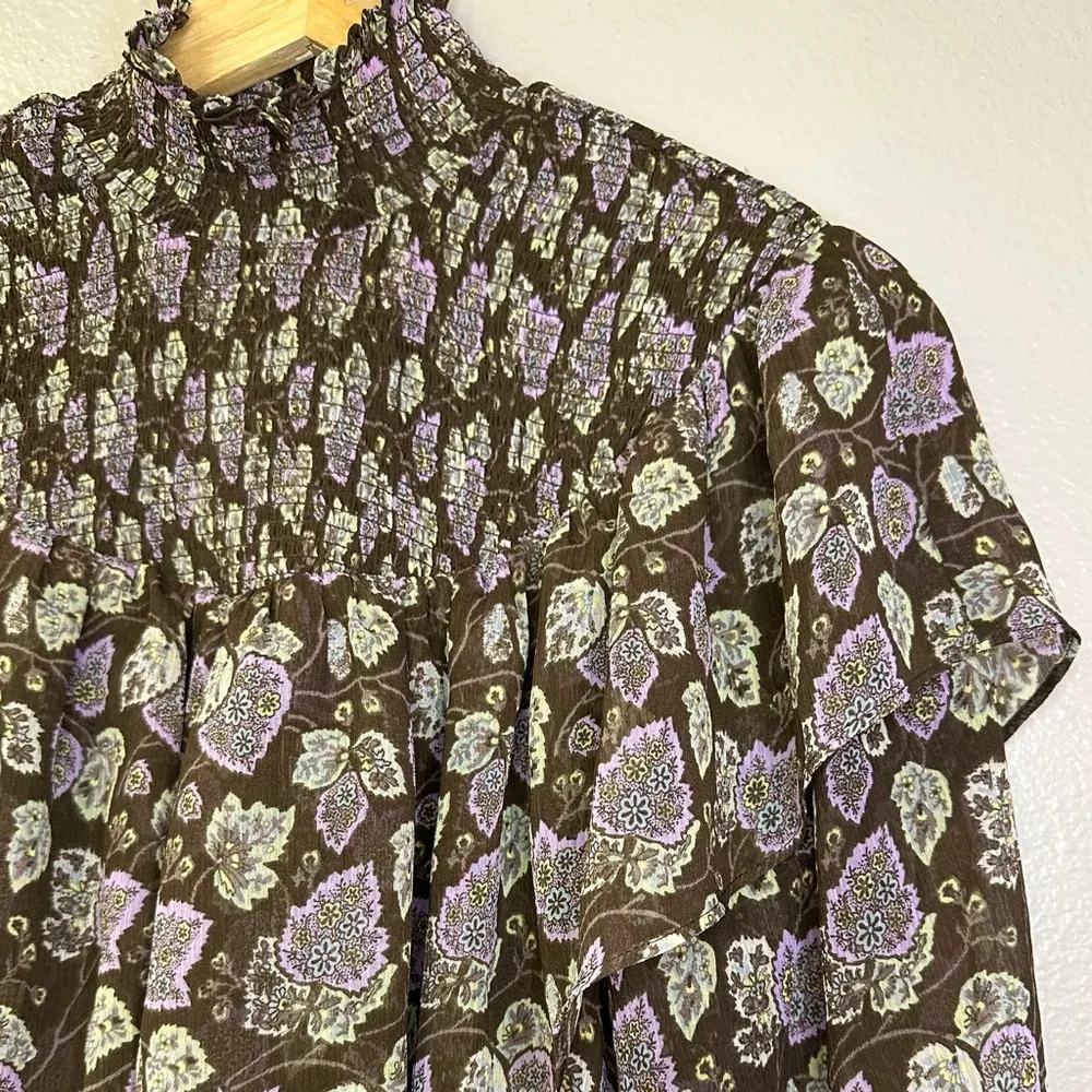 NWT Cinq a Sept Drew Leaf Print Smocked Ruffled Blouse Top Cacao Multi Brown Size M - Image 4