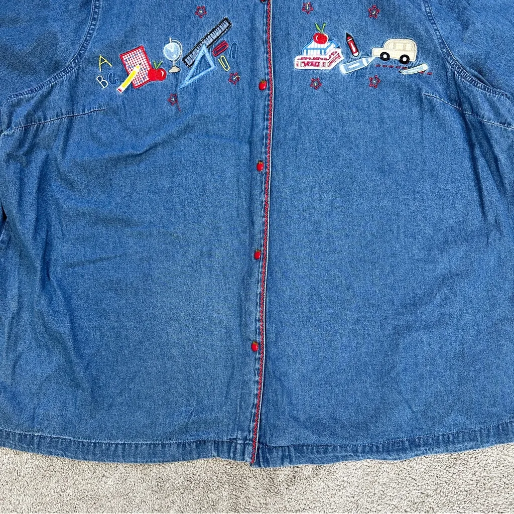 White Stag Vintage Denim Button Down Shirt Cherry School Embroidered 22W/24W - Image 3