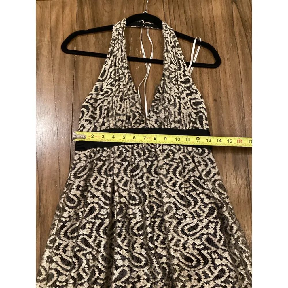 Kay Unger Halter Plunge Neck silk lace Maxi Dress gown Black gold Whimsigoth 6 - Image 4