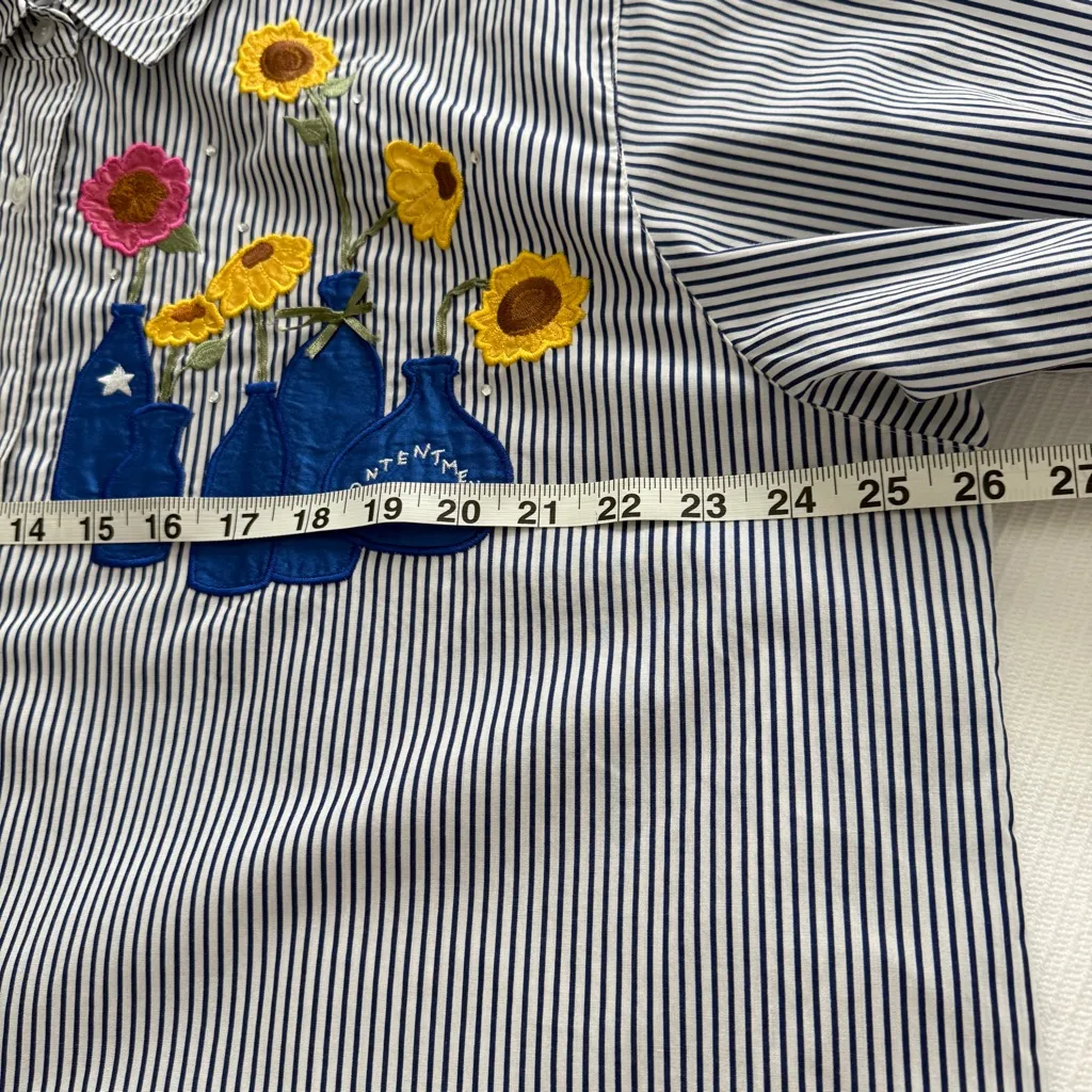 Quacker Factory Striped Blue White Shirt Floral Embroidery ,crystal embellished Size 1X - Image 8