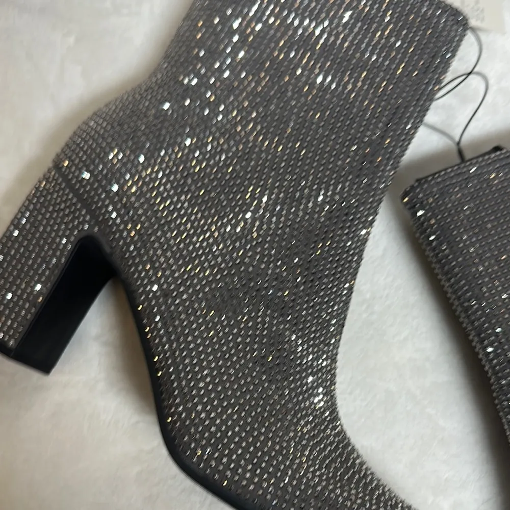 A New Day Silver Gunmetal Grey Ankle Booties with Block Heel and Rhinestones - Image 2