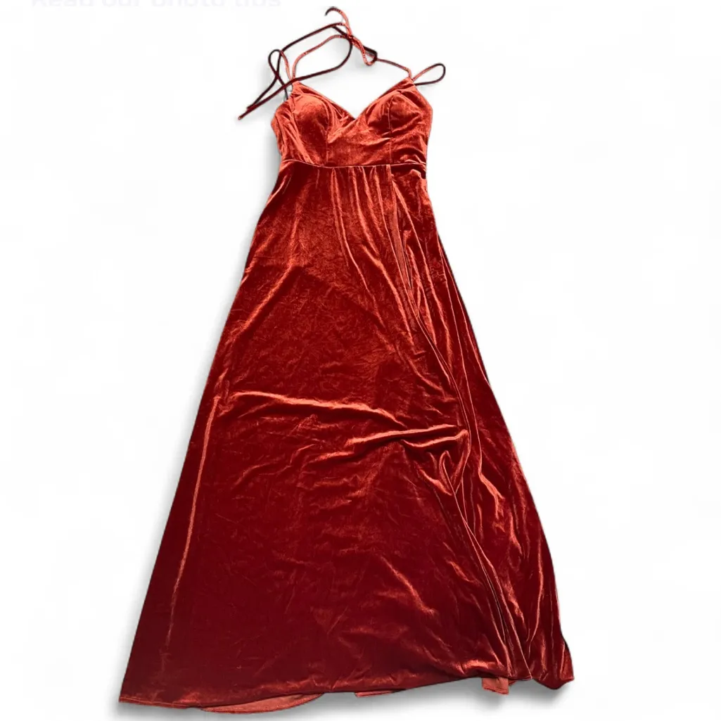 Azazie Sora Terracotta A-Line Halter Bow Velvet Floor Length Formal Dress A6 - Image 6