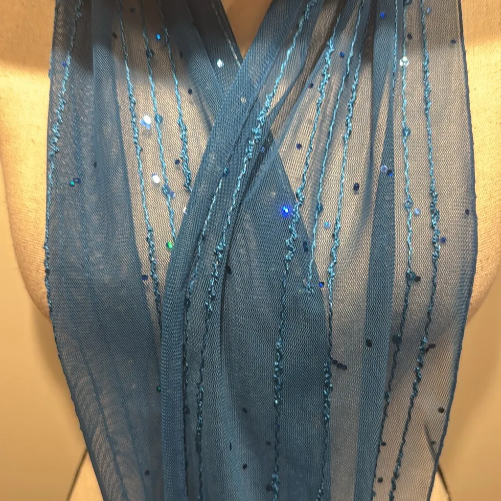 Elegant Teal Blue Sheer & Sequins Scarf - Image 10