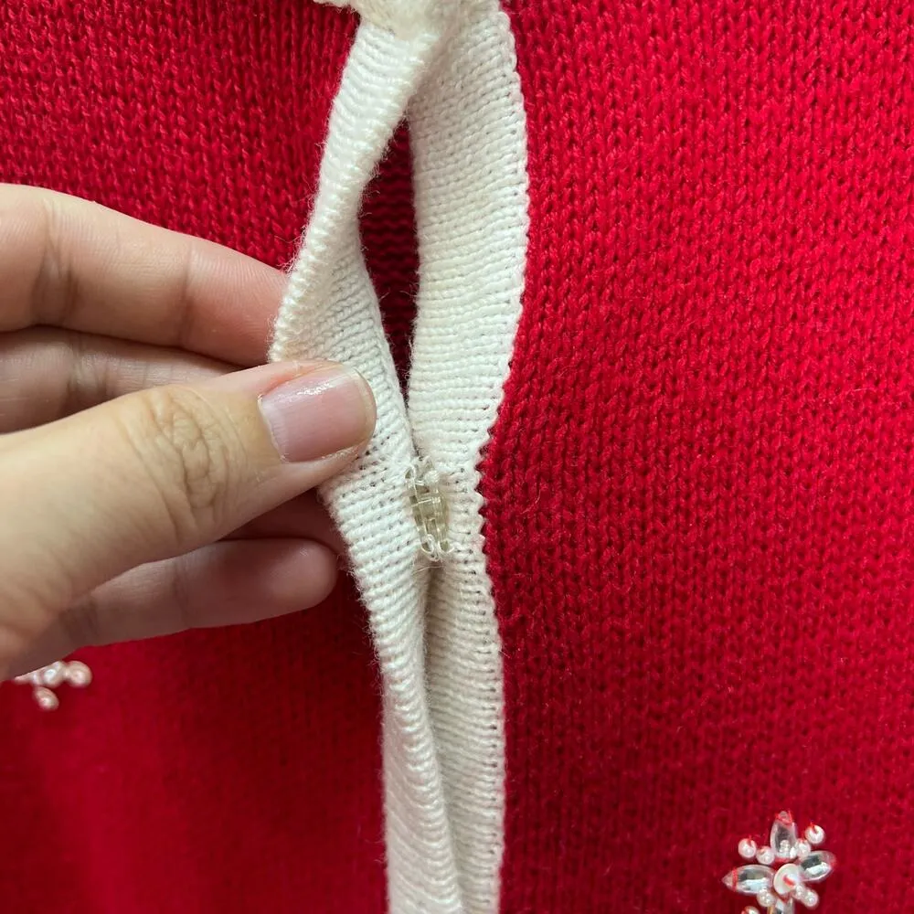 Vintage Hampshire Studio Snow Christmas Cardigan Size L Snowman Red Sequin Size L - Image 5