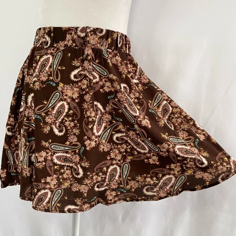New  Paisley Print High Waist Skater Skirt Coffee Bean Brown Size XS - Image 5