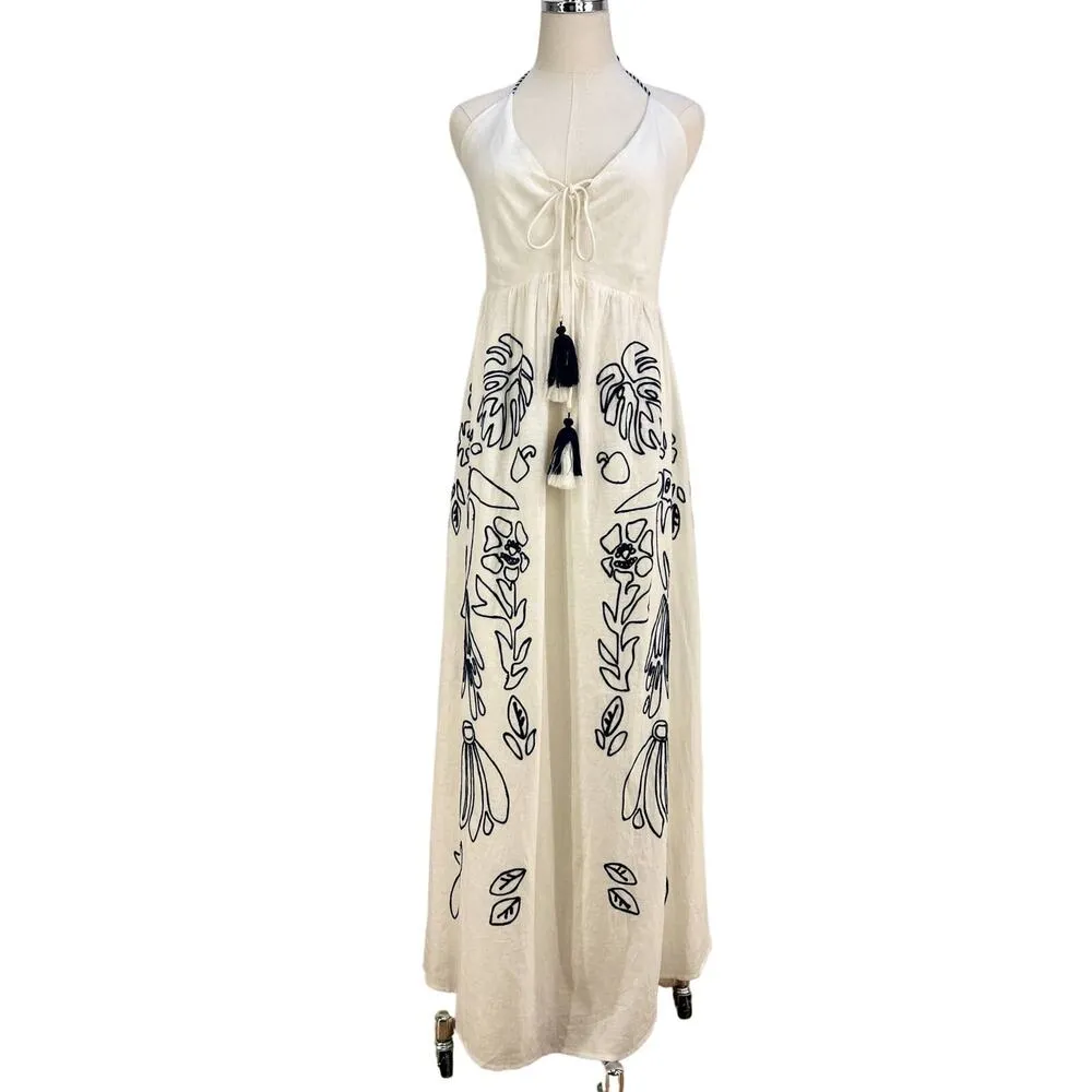 Anthropologie Farm Rio Embroidered Halter Maxi Dress Tassel Ties - Image 2