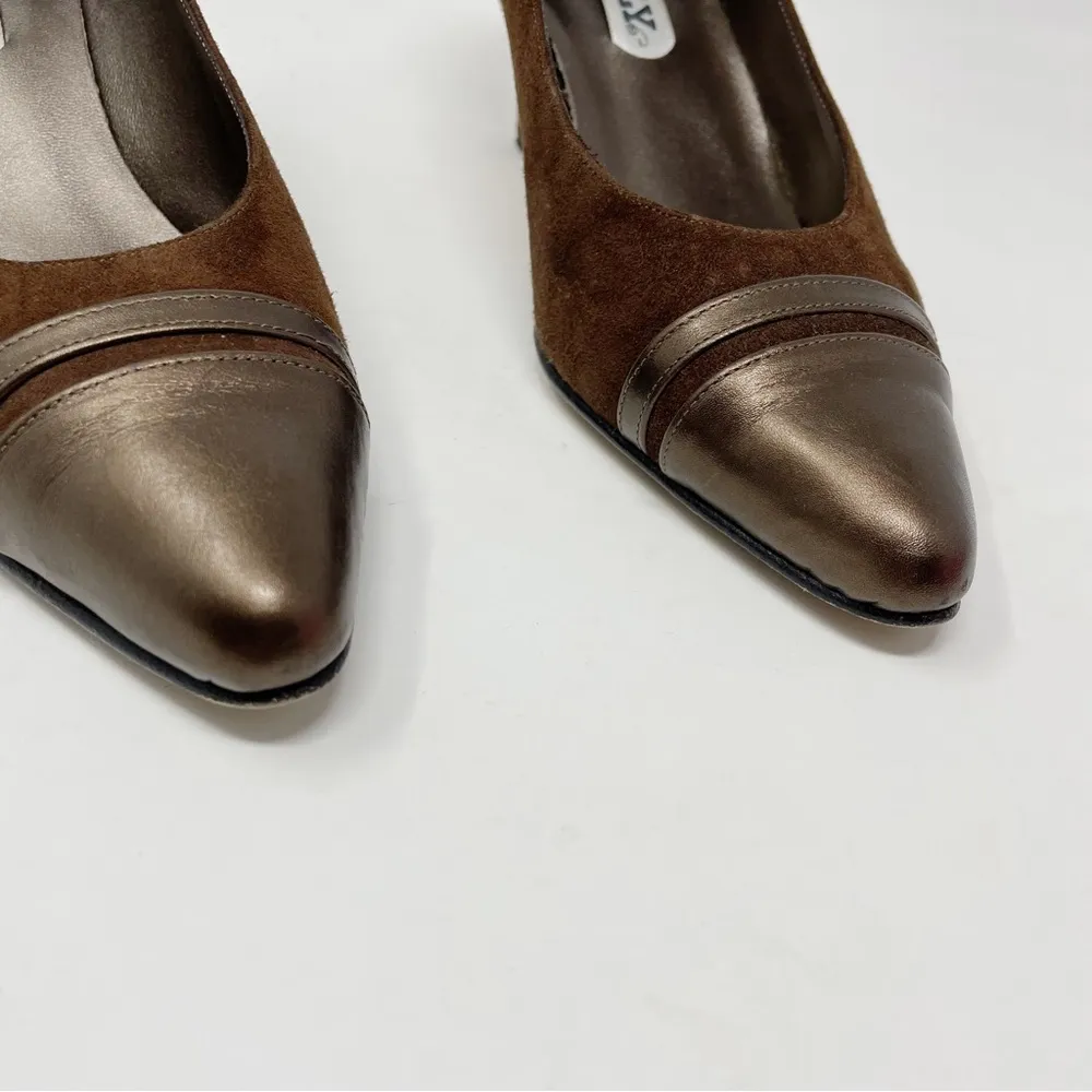 Bally of Switzerland Vintage Brown suede metallic leather mid heel pumps shoes 7 - Image 98
