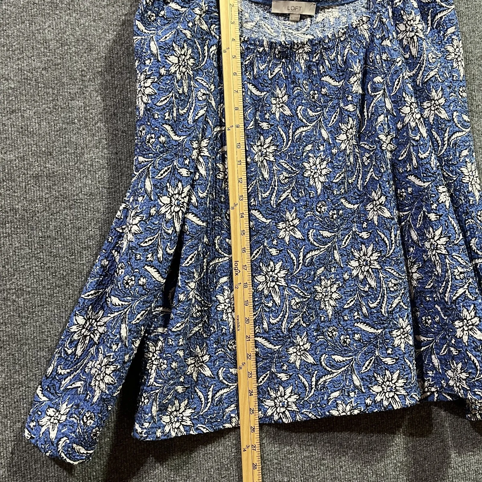 Loft Top Womens XL Blue Floral Stretch Square Neck Puff Sleeve Smocked Front - Image 6