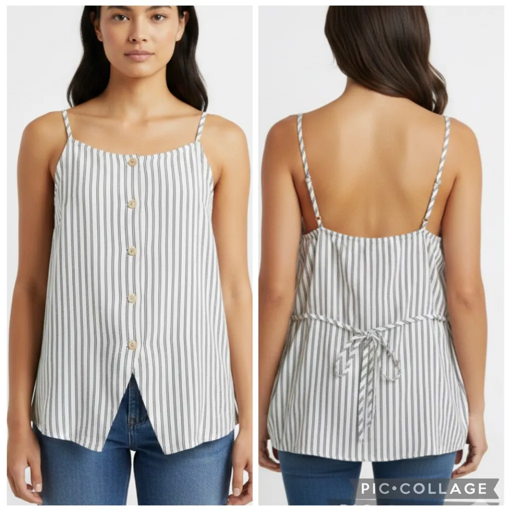 A New Day Vest Tank Top Striped Linen Ivory Blue Tie Back XL Preppy Trendy Work - Image 2