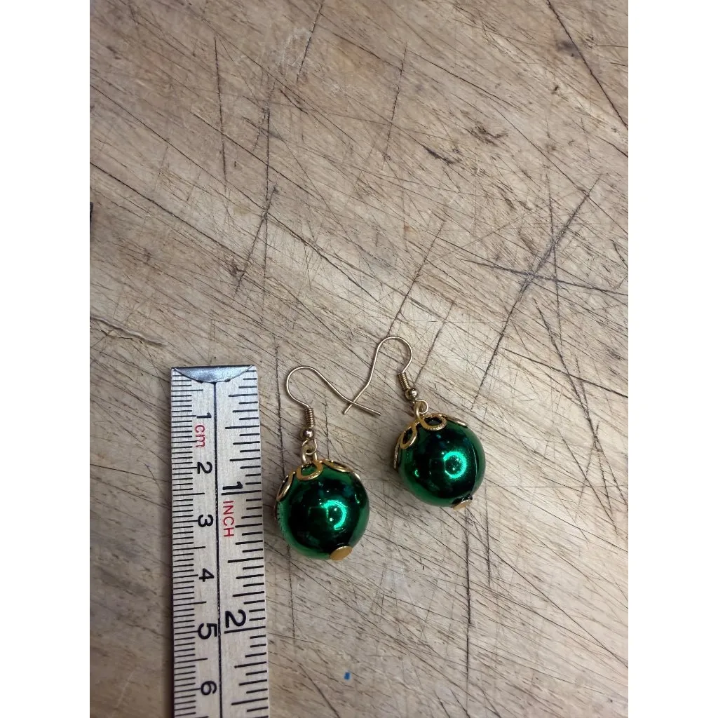 Green & Gold ornament Drop Earrings With Decorative Caps - Image 5