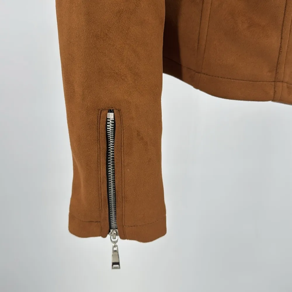 Jou Jou Brown faux Leather suede Jacket waist length Zipper Details moto L fall Size L - Image 5