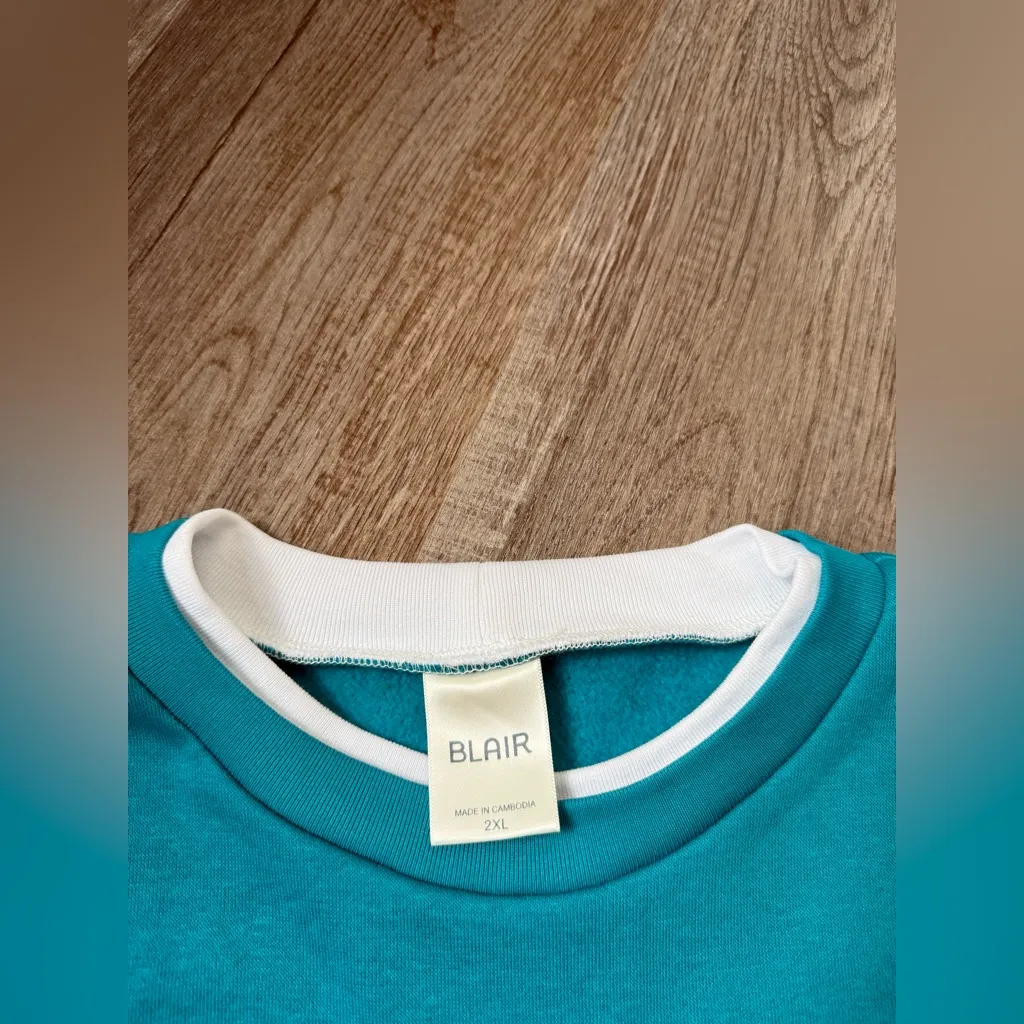 VTG Blair Floral Embroidered Sweatshirt Hippie Boho Teal Blue White Size 2XL - Image 6