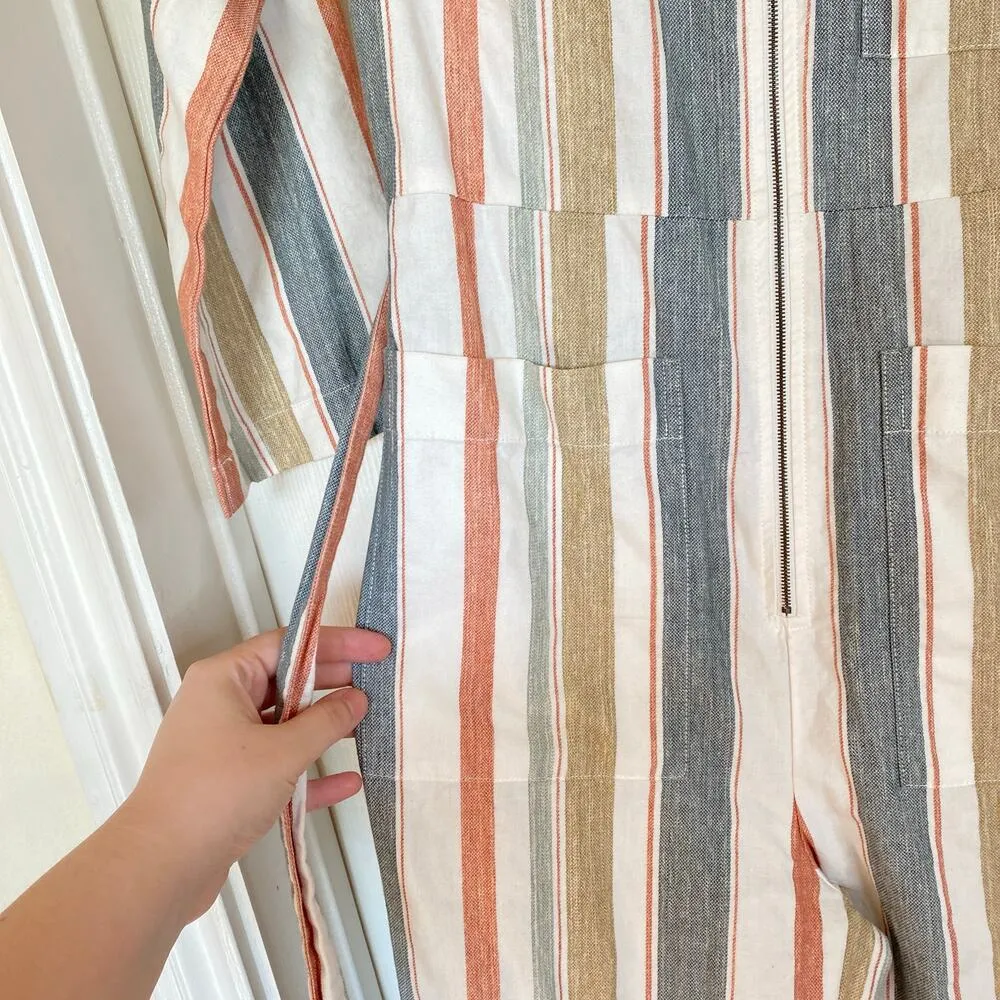 MADEWELL V-Neck Tie-Waist Jumpsuit Cotton Summer Beachy Size 2 Coastal Striped - Image 8