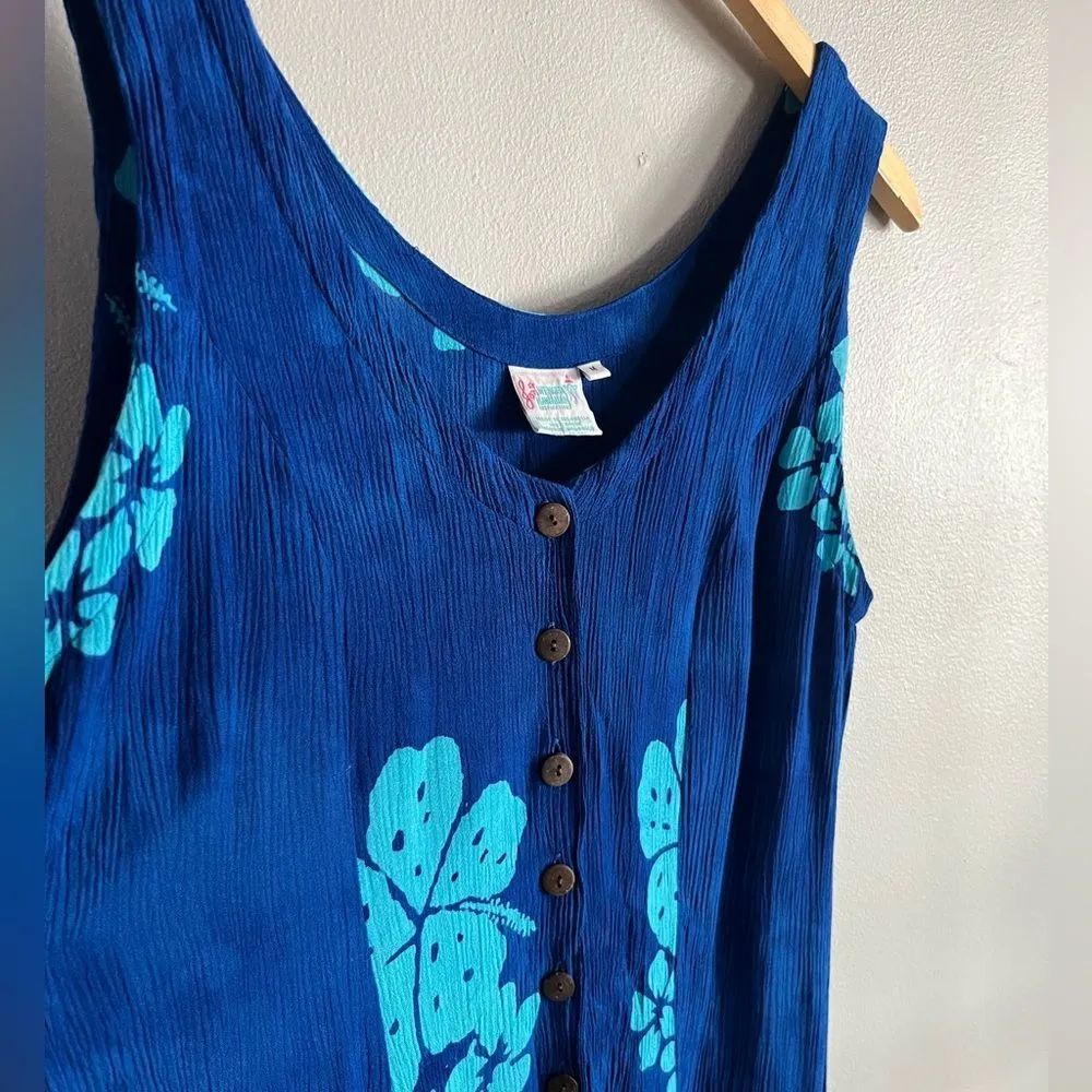 Vintage Jon Wenger Hawaiian Blue Floral Button Front Midi Dress M Rayon Size M - Image 5