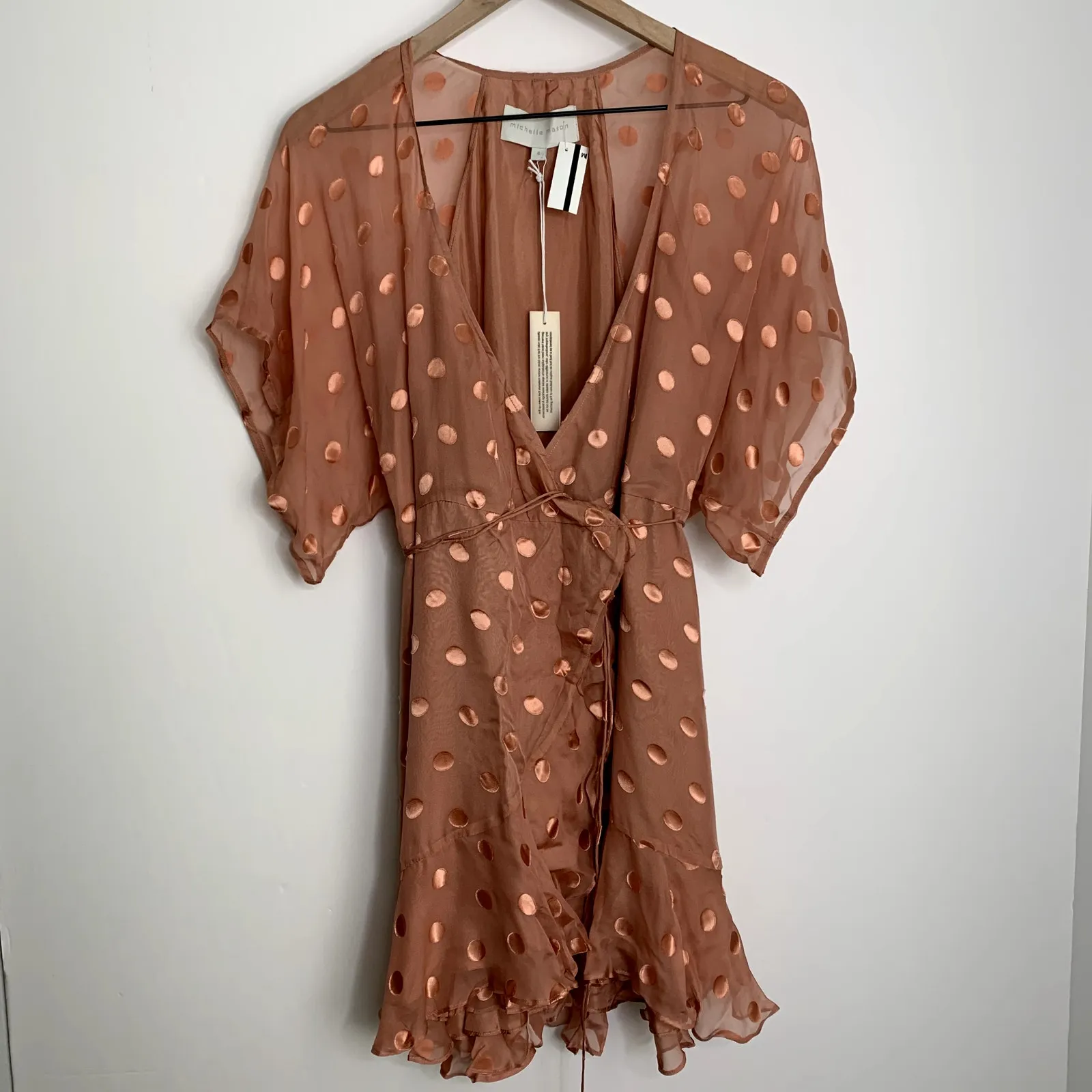 Michelle Mason Kimono Wrap Mini Dress Womens Silk Polka Dot Desert Rose 4 - Image 2