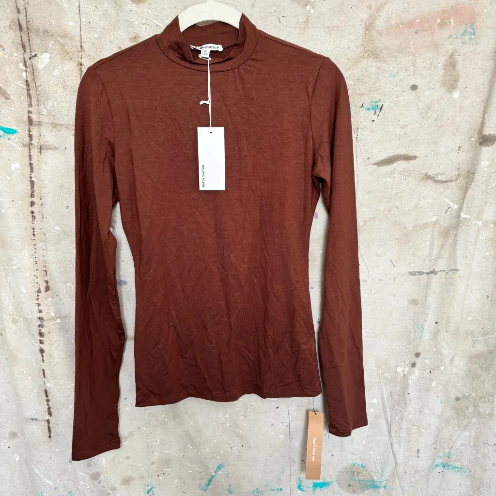 Reformation Bailey Long Sleeve Knit Top in Chestnut Brown - Image 3