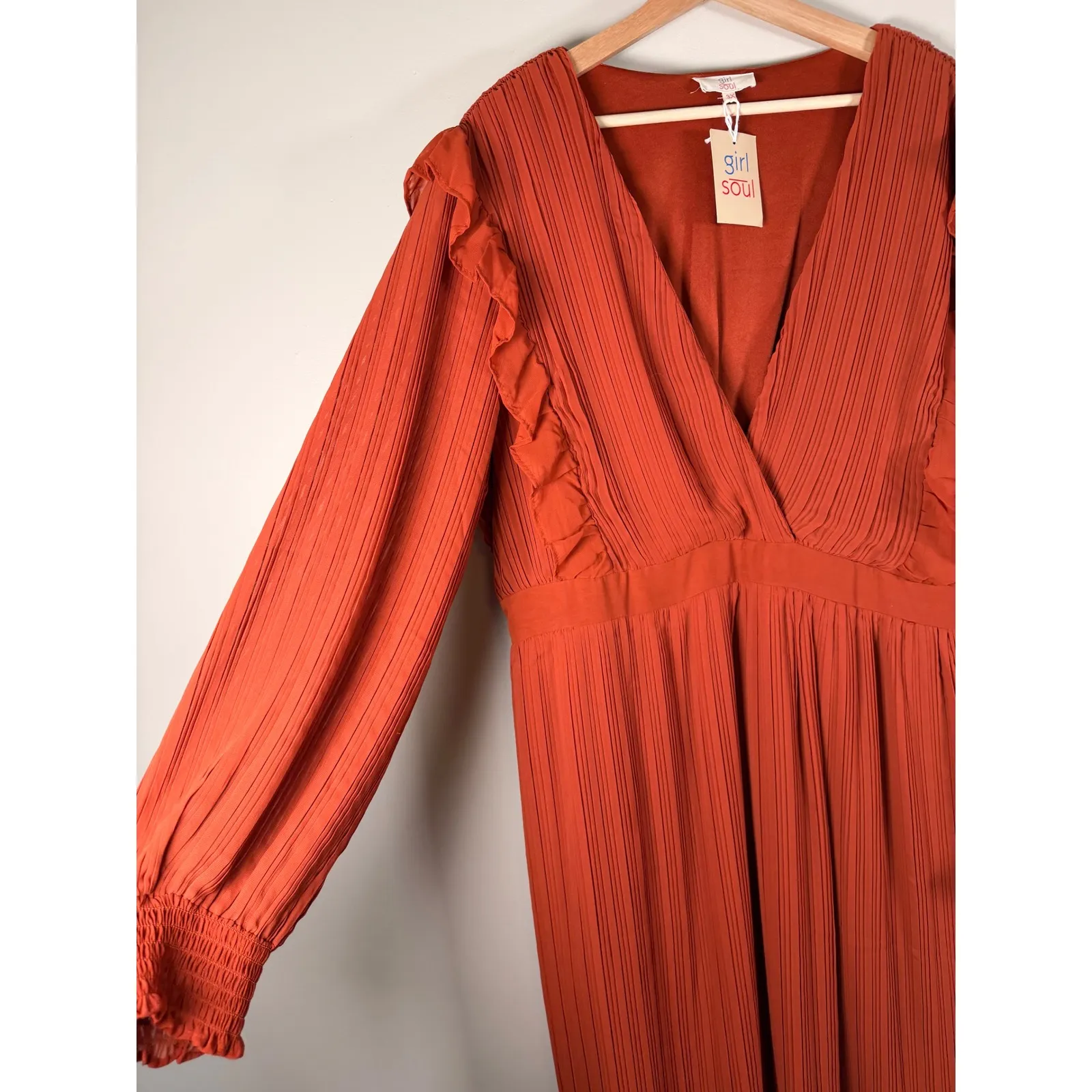 Girl Soul Rust Orange Pleated Ruffle V Neck Long Sleeve Maxi Dress Plus Size 3X - Image 7