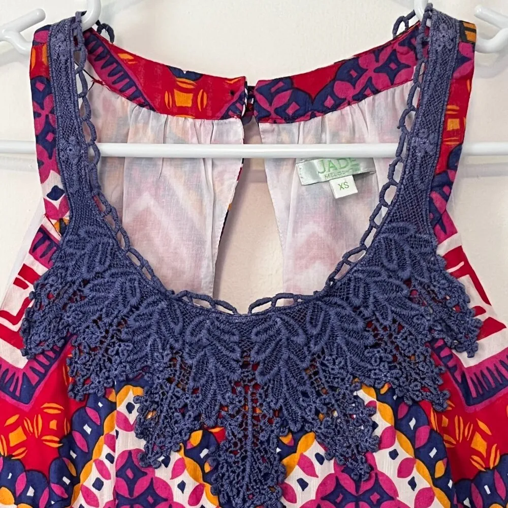 Jade Melody Tam boho geometric print lace bright keyhole 100% cotton size XS Purple - Image 4
