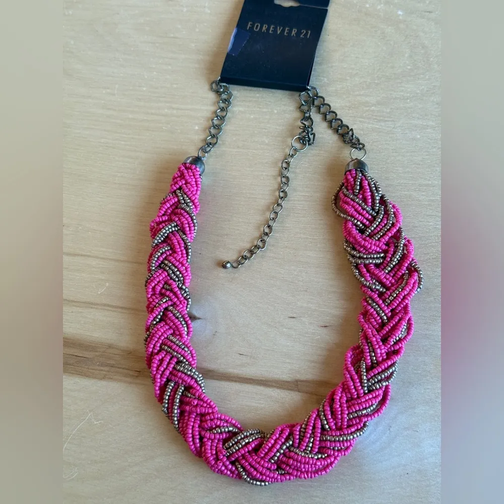 Forever 21 Vibrant Pink and Gold Braided Necklace - Image 3