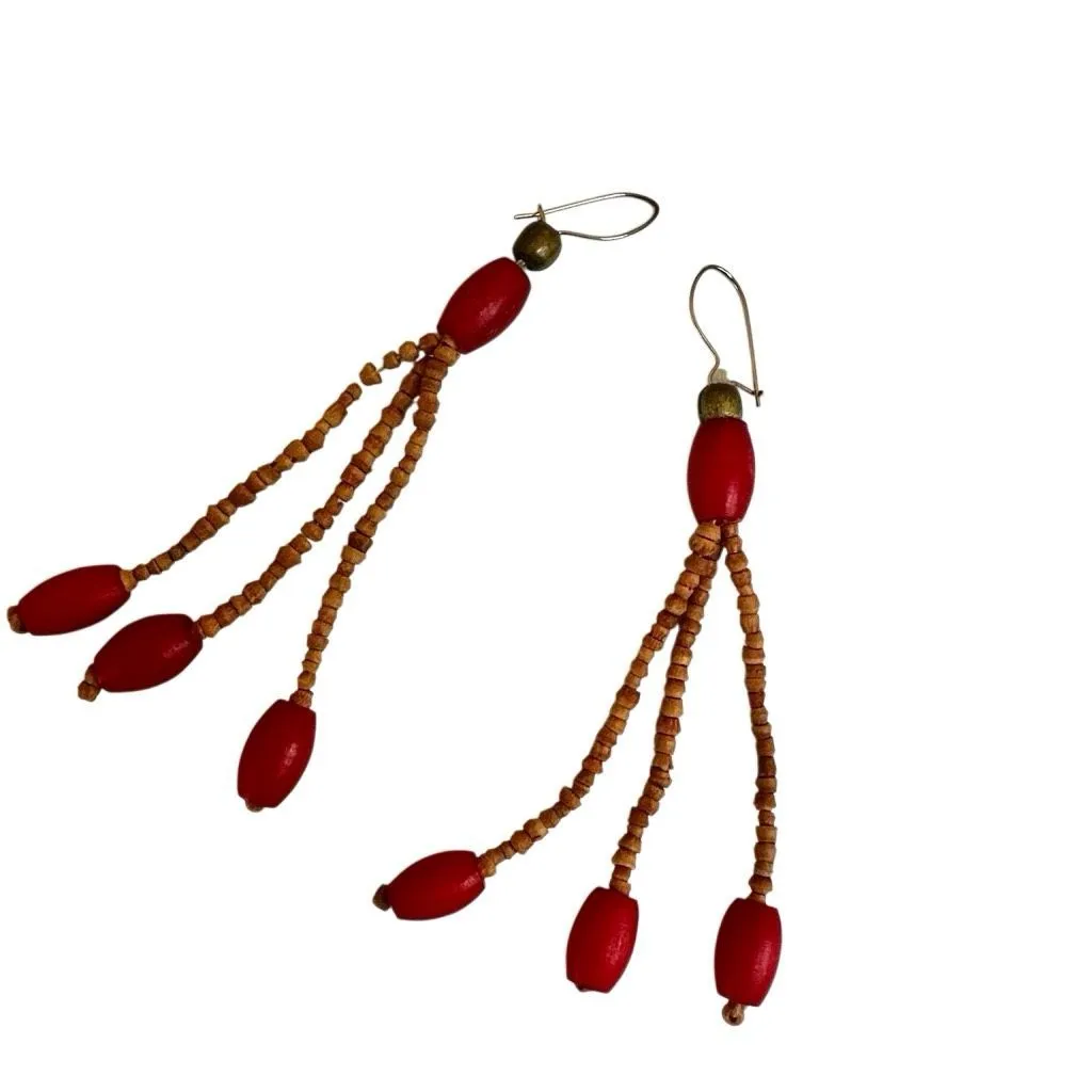 Handcrafted Boho Red & Wood Beaded Dangle Earrings - Image 6