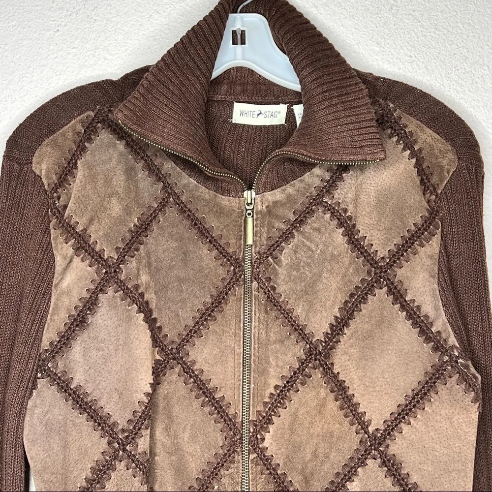 Vintage White Stag Patchwork Suede Zip‎ Sweater Brown Size M - Image 2