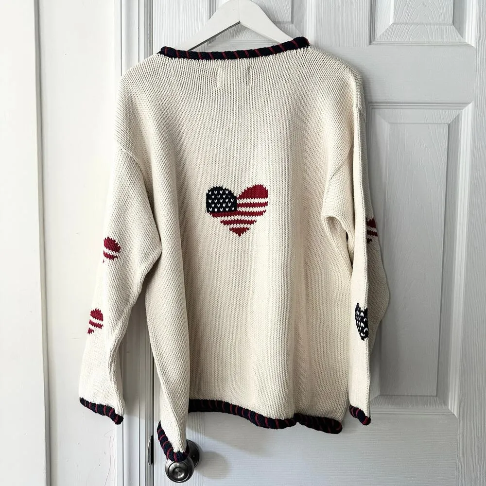 Rey Wear NWT Deadstock Handknit Bolivia Heart Patriotic USA Jumper Sweater XL Red - Image 8