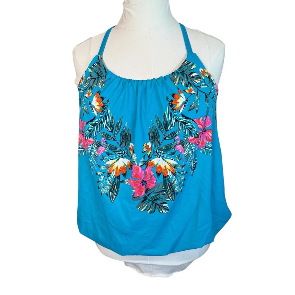 Swim by‎ Cacique Womens Plus Size 22 Tankini Top Teal Blue Tropical Floral Beach - Image 3