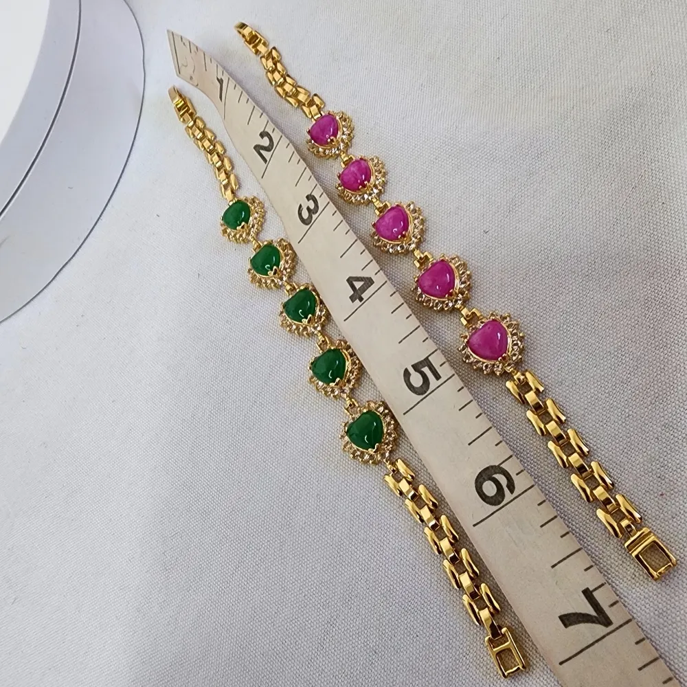 Gold with Pink Jade Hearts Bracelet - Image 6