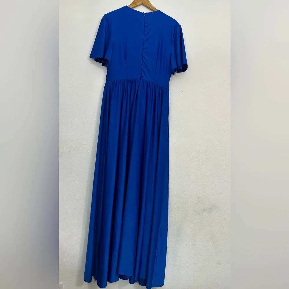 Royal Blue Satin Maxi Gown with Plunge Neckline and Dolman Sleeves Size XL - Image 9