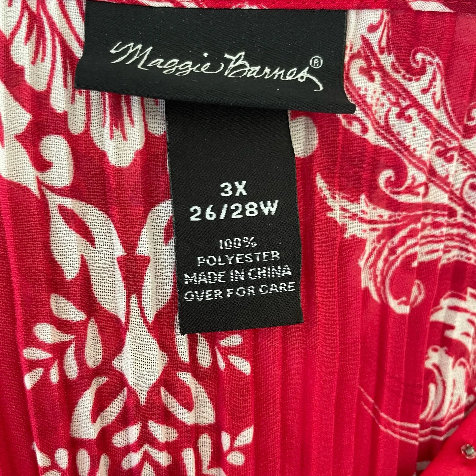 Maggie Barnes Women Top 3X Red Damask Print Crinkle Beaded Dressy Mature Office‎ - Image 3