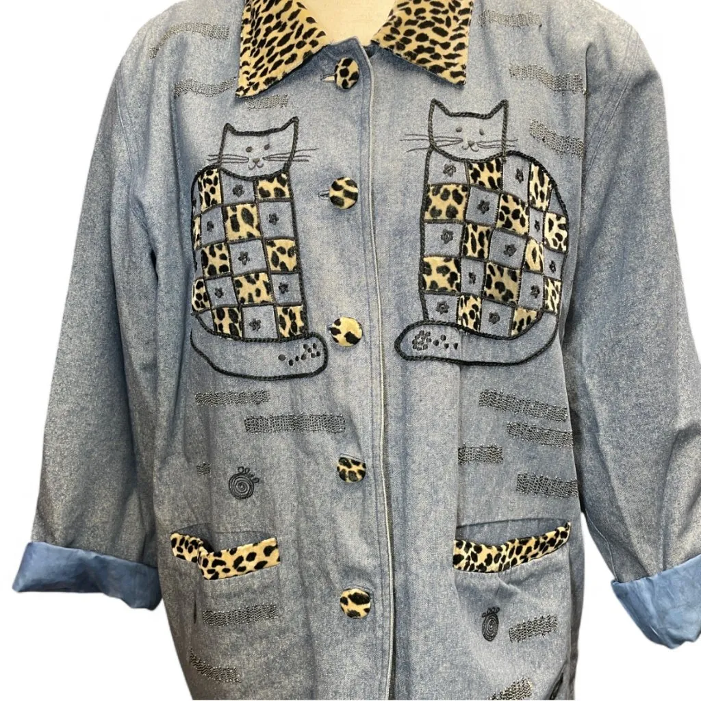 Vtg Great Cavalier by St. Paul Cat Embroidered Chore Silk Denim Jacket Size M Blue Size M - Image 3